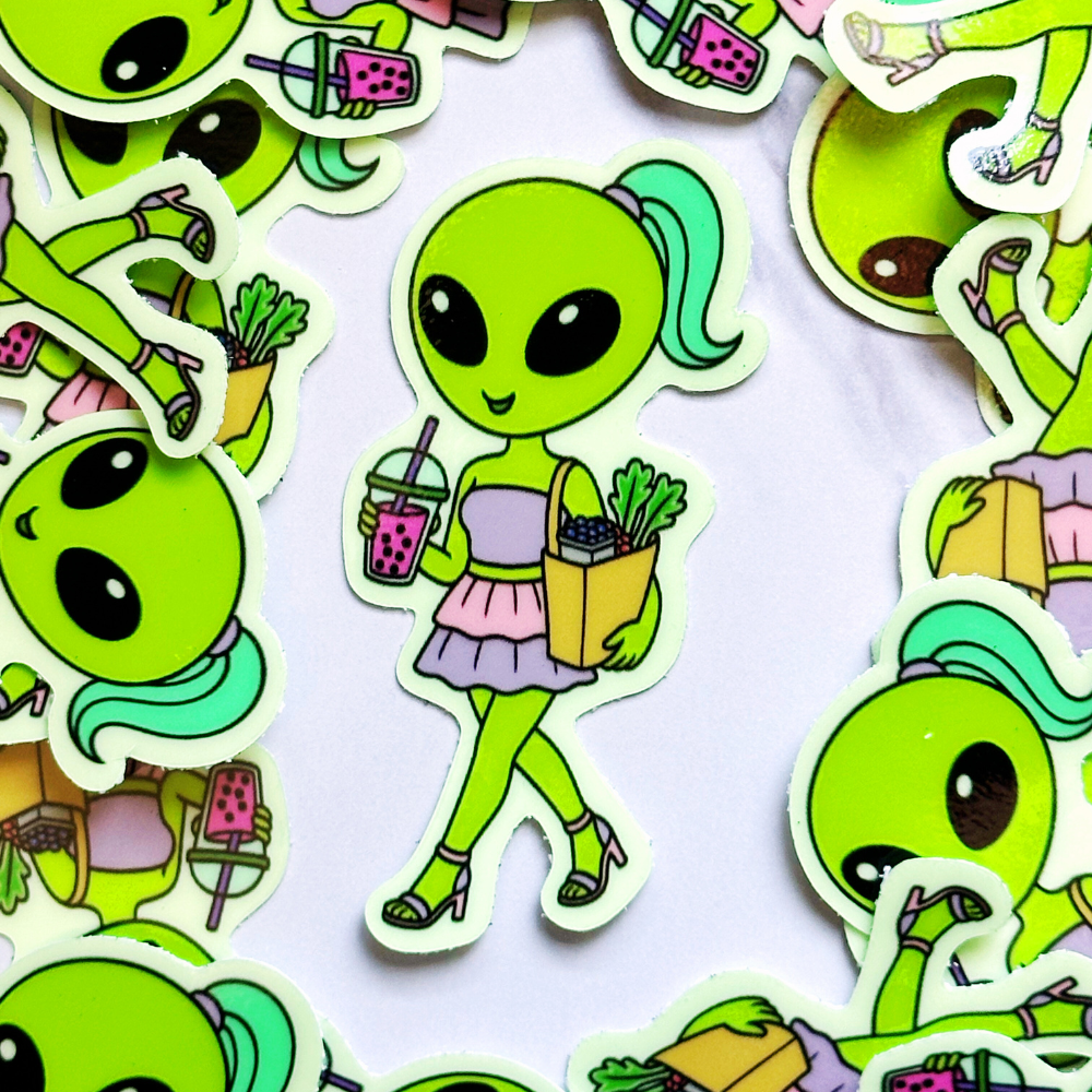 Alien Shopping GLOW in the DARK Sticker